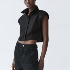 Zara women’s poplin shoulder pads shirt top Size L